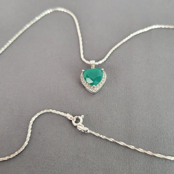 Green Onyx Rhodium Over Silver Heart Necklace, Ring (Sz 7.5), & Earrings - Picture 3 of 16